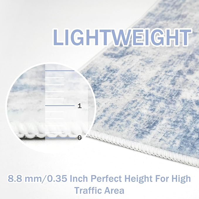 IOHOUZE Abstract Runner Rug 3x8 Ft Washable Runners for Hallways, Non Slip Kitchen Runner Printed Faux Wool Entryway Runner Indoor, Modern Abstract Floor Carpet for Hall Bedroom, Light Blue White