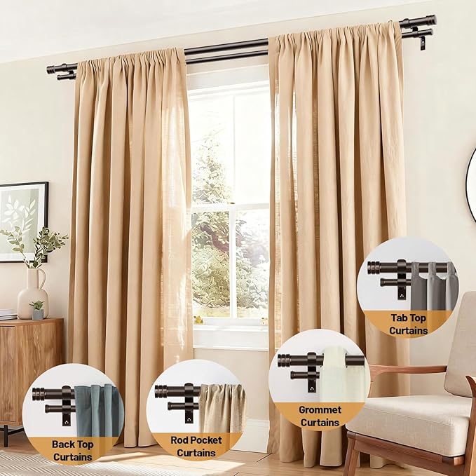 TONIAL1 Inch Double Curtain Rods for Windows 48 to 84 Inches, Heavy Duty Decorative Drapery Rod 32 to 86 Inches with Classic Cap Finial, Bronze