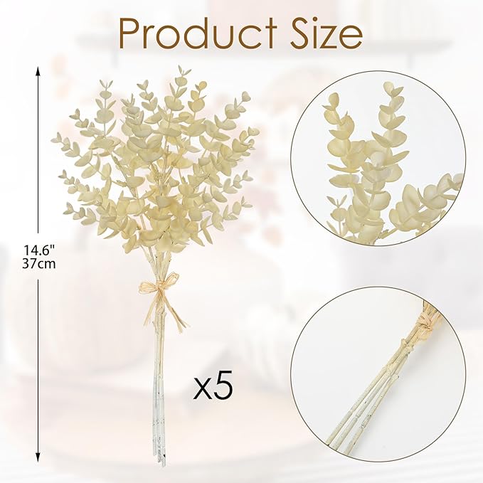 5 Stems Artificial Fall Greenery – 14.6" Eucalyptus Leaf Stems for Autumn Floral Arrangements, Thanksgiving Centerpieces, Fall Decor Bouquets, Soft Cream