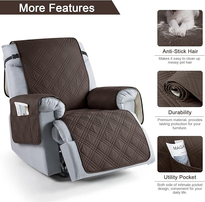 TAOCOCO 100% Waterproof Recliner Chair Covers, Non Slip Recliner Covers for Recliner Chair with Pocket, Washable Reclining Chair Cover Furniture Protector for Kids,Dogs(25'', Chocolate)
