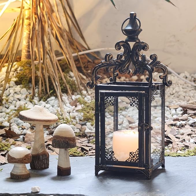 DECORKEY Candle Lantern Decorative Indoor & Outdoor, Large Vintage Metal Hanging/Tabletop Lanterns for Patio, Front Porch, Rustic Home Decor, Candle Holders for Christmas Decorations (Bronze)
