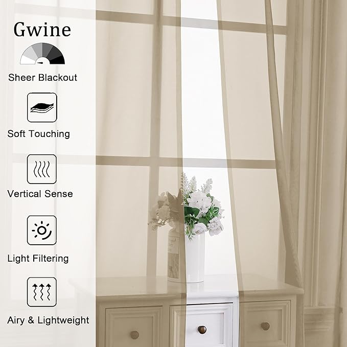 Gwine Taupe Sheer Curtains 96 Inches Long 2 Panels, Elegant Window Treatments Voile Curtains for Living Room, Light Filtering Rod Pocket Sheer Drapes, Each 42" Wx96