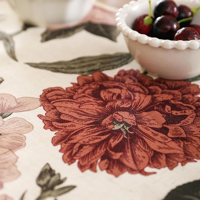 Linen Fall Table Runner 63 Inches Long,Vintage Rustic Farmhouse Blue and Red Flower Table Runners,Table Decoration for Christmas Thanksgiving Home Party Kitchen.12*63"-Burgundyred