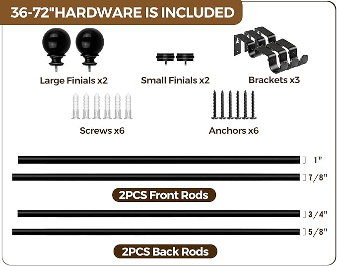 KAMANINA Black Double Curtain Rods 36 to 72 Inches(3-6 Feet), 1 Inch Heavy Duty Curtain Rods for Windows 28 to 48 In, Telescoping Drapery Rod for Bedroom, Dual Curtain Rod with Round Finials