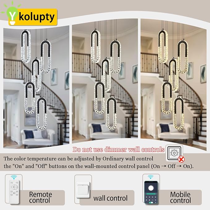 5 Rings Crystal Chandeliers for Staircase Large Pendants Light Fixture Black High Ceiling Chandelier for Entryway Bedroom Foyer 2700K-6000K