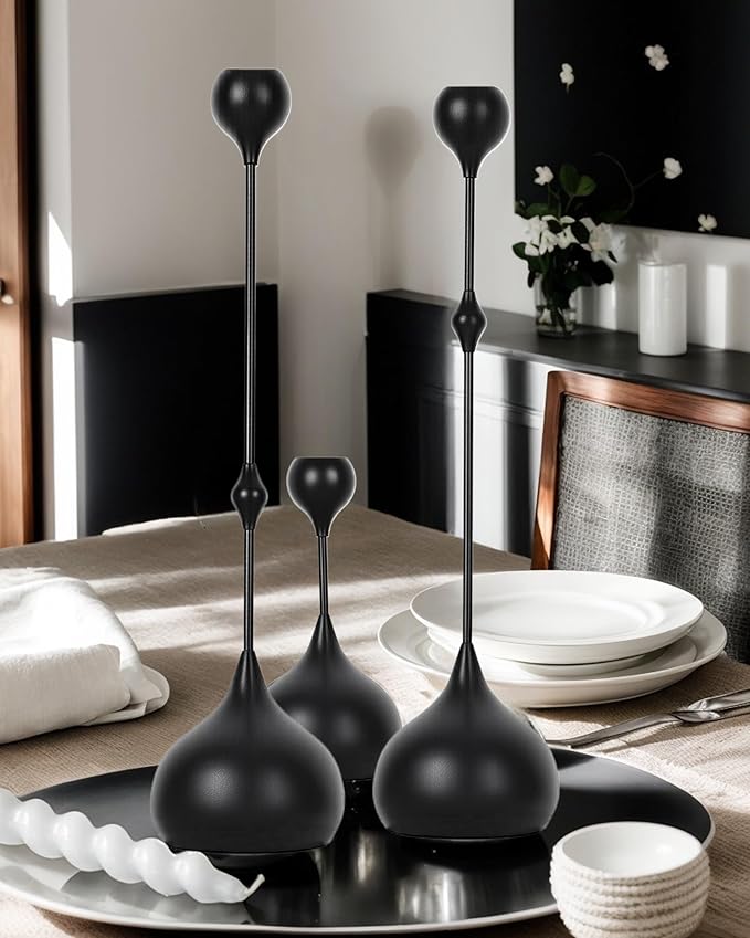 Candle Holders Set of 3 - Taper Candle Holders for Table Decor, Elegant Minimalist Design, Perfect for Weddings, Parties, and Home Decor (Black)