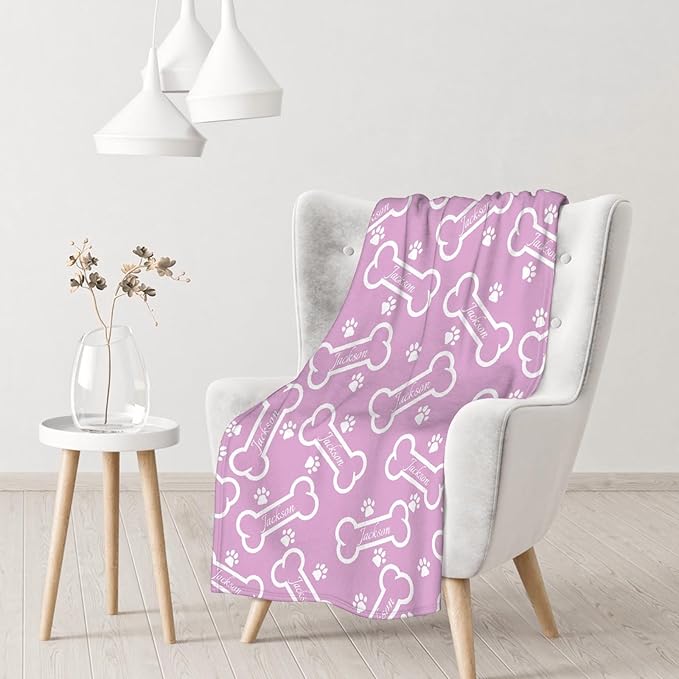 Custom Dog Bone Pattern Flannel Throw Blanket, 50"x40" for Kids, Purple, Customizable, Microfiber, Warm, Modern, Machine Washable