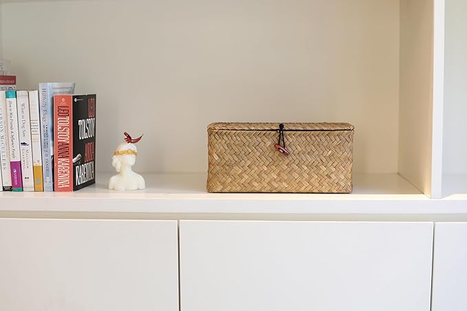 DOKOT Rectangular Handwoven Seagrass Small Storage Basket with Lid for Shelves and Home Organizer Bins,S (10.2"x5.5"x4.3"H), Yellow