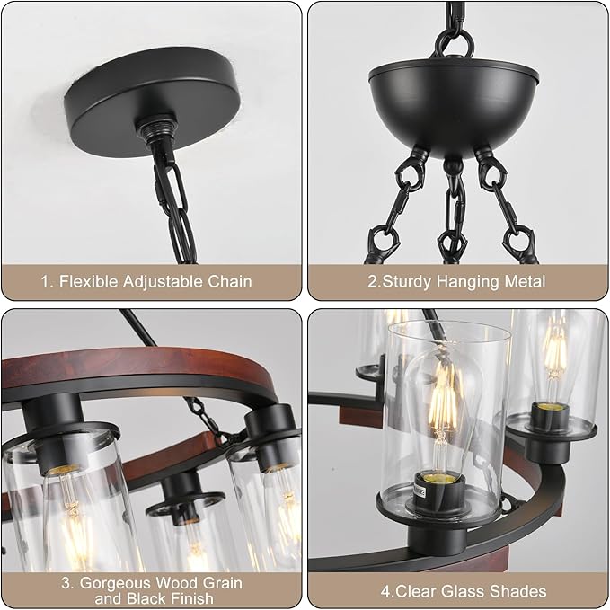 28-Inch Wagon Wheel Chandelier Farmhouse Black Rustic Pendant Light Fixture,6-Light Wood Round Chandelier Hanging Pendant Ligh for Dining Room Kitchen Island Living Room,with Clear Glass Shade