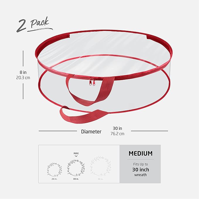 ZOBER 2 Pack Christmas Wreath Storage Container 30 Inch - Wreath Bag for Artificial Wreaths Box - Dual Zippered Wreaths Storage Bag with Durable Stitch Reinforced Handles - Red