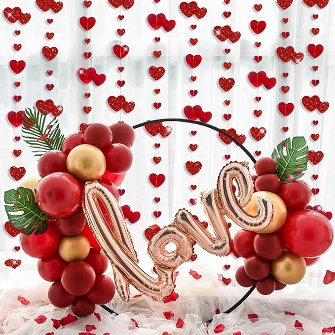 52Ft Valentines Day Party Decorations Red Heart Garland Metallic Glitter Hanging Heart Streamer Banner for Anniversary Mother's Day Engagement Wedding Bridal Shower Bachelorette Hen Party Supplies