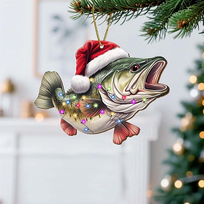 Largemouth Bass Fish Christmas Tree Keepsake Ornaments, Fishing Themed 2 Side Printed Flat Wooden Ornament, Animal Xmas Hanging Decor