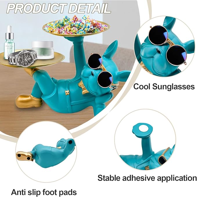 Resin French Bulldog Tray Statue, Lying Bulldog Candy Dish Key Holder Bowl, French Bulldog Accessories, Statues for Office Desk Home Decor Figurines Entryway Table Decor (Blue Green)