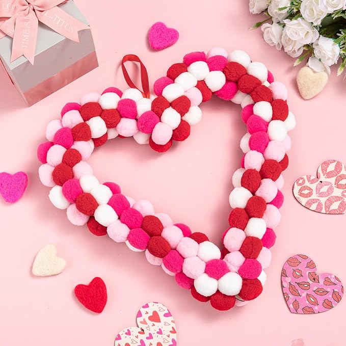 Valentine's Day Heart Felt Pom Pom Wreath, 13" Wool Felt Ball Heart-Shaped Valentines Door Wreath, Pink Felt Heart Wreaths for Valentine Decor, Pompom Valentine Wreaths for Wedding Holiday Anniversary