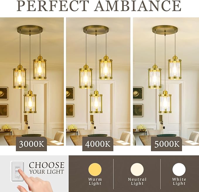 3-Light Pendant Lighting, Brushed Gold Dining Room Chandelier Light Fixture Over Table with Clear Glass, Modern Cluster Hanging Lights for Kitchen Island Sink, OS-3014-3BG