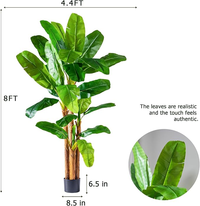 8.2FT Artificial Banana Tree Tall Fake Banana Leaf Plant Faux Banana Silk Tree Faux Banana Leaves for Home Swimming Pool Indoor Outdoor Patio Tropical Decor