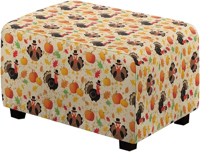 Thanksgiving Turkey Ottoman Cover - Non-Slip Elastic Rectangular Slipcover, Easy Care Furniture Protector for Holiday Gatherings, 30x24x15 Inch