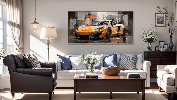 Wall Art Modern Artwork Orange Graffiti Car Wall Decor Canvas Painting for Living Room Bedroom Dining Room Home Office Decor 30"x60" with Framed