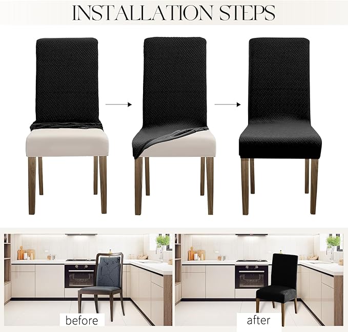 MOSAYT 100% Waterproof Dining Room Chair Covers Set of 4, Super Fit Stretch Jacquard Parson Chairs Slipcovers Removable Washable Chair Seat Protectors for Home, Kitchen, Banquet (Black)