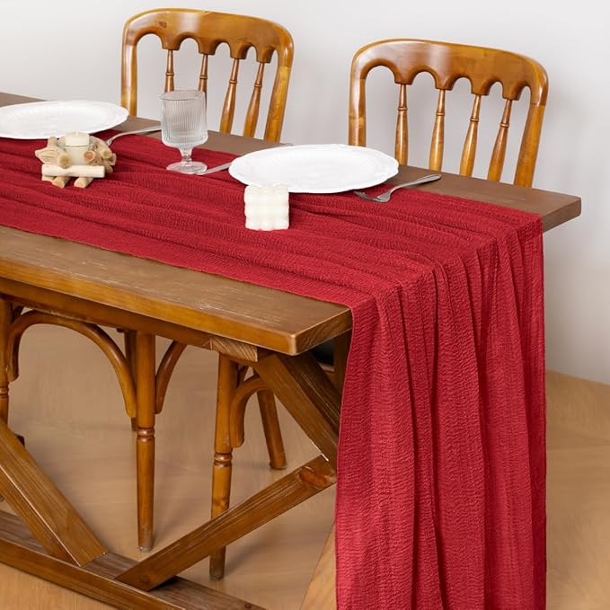 Socomi 3pcs Red Cheesecloth Table Runner Valentine's Day Gauze 120 Inch Rustic Boho Cheese Cloth Runner for Wedding Party Baby Bridal Shower Centerpiece Decoration Holiday Home Decorations