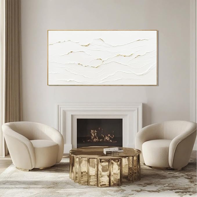 WINKAILIN Minimalist White and Gold Line Artwork with Frame Hand Painted Abstract Canvas Wave Wall Art for Bedroom Living Room Office 24"x48"