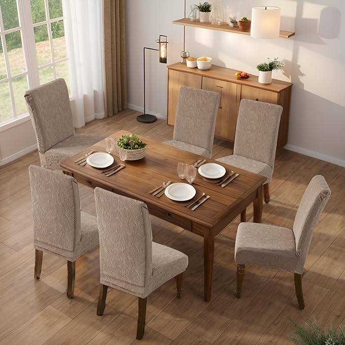 Genina 100% Waterproof Dining Room Chair Covers Set of 6 Stretch Kitchen Chair Covers Parsons Chair Slipcovers for Dining Room Chair Protector Cover, Removable, Washable (Leaf Pattern-Taupe, Large)