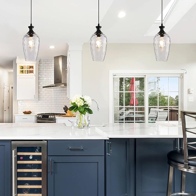 Glass Pendant Lights Kitchen Island, 1-Light Black Pendant Light Fixtures with Hand-Blown Clear Glass, Farmhouse Hanging Light for Kitchen Sink Dining Room Bedroom, E26