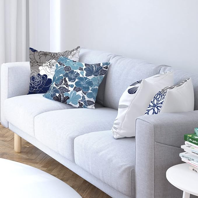 COMMINY Blue Grey Pillow Covers 18x18 Set of 6 Decorative Daisy Flower Throw Pillow Cover for Couch Modern Pillow Case for Patio Living Room Cushion Bed Farmhouse Home Decor