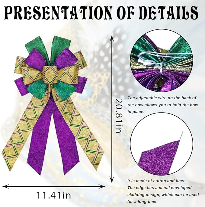 Mardi Gras Wreath Bows Mardi Gras Decor Bow Purple Strips Plaid Burlap Bows for Wreaths, Mardi Gras Ribbon Bows Tree Topper Bows for Mardi Gras Home Indoor Outdoor Decoration Wreath Ornament Supplies