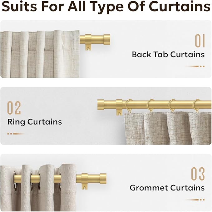 Zeerobee Curtain Rods for Windows 32 to 72, Brushed Gold Curtain Rod, Adjustable 1 Inch Heavy Duty Outdoor/Indoor Modern Drapery Pole, 32"-72"