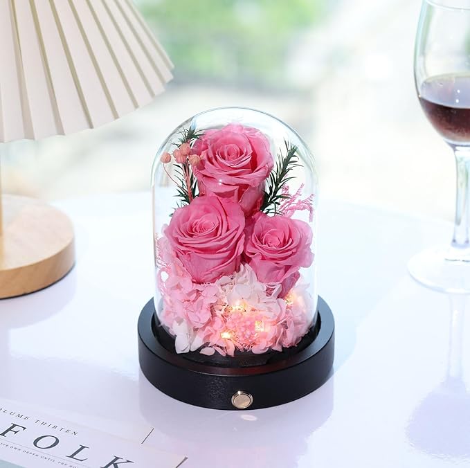 Forever Flowers Gifts for Women,Preserved Roses in Glass Dome, Eternal Flowers for Delivery Prime, Real Pink Roses Anniversary Valentines Day Christmas Birthday Gifts for Mom Grandma Wife