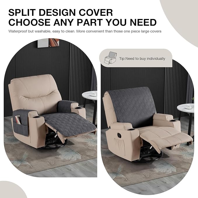 VANSOFY Recliner Chair Covers 100% Waterproof Seat Cover with Arm Reclining Cover Non-Slip Recliner Chair Covers Furniture Protector Washable Slipcover with Pocket for Pets, Dogs(Charcoal Gray，22")