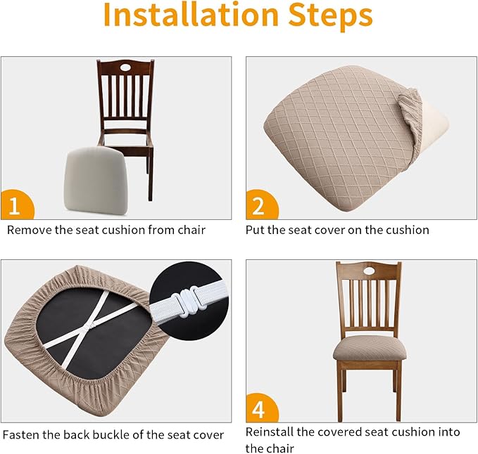 Fuloon Stretch Chair Seat Covers 4 PCS, Removable Washable Dining Chair Covers Anti-Dust Dining Room Seat Cushion Slipcovers (4, Khaki)