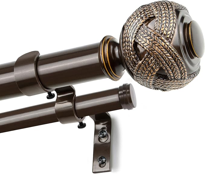 1 Inch Double Curtain Rods 66 to 120 Inches (5.5-10ft), USFOOK Bronze Heavy Duty Drapery Rods for Windows 69 to 111 Inches, Telescoping Dual Curtain Rod with Woven Leaf Finials