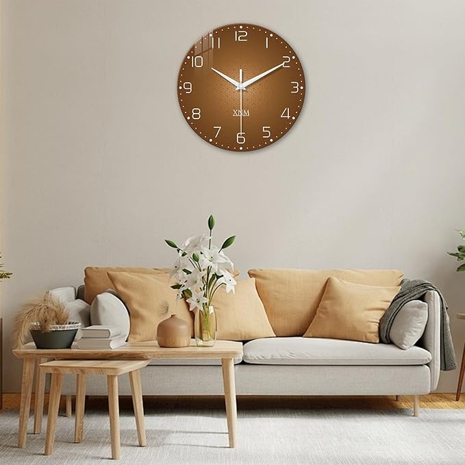 XNM Large Wall Clocks Battery Operated 16 Inch Modern Glass Wall Clock for Living Room Brown Minimalist Wall Clock Silent Non Ticking