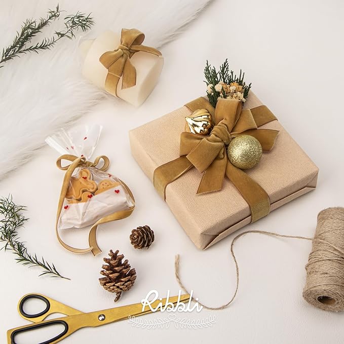 Ribbli Khaki Velvet Ribbon 1 Inches Continuous 25 Yard Spool Khaki Christmas Ribbon for Gift Wrapping Crafts Home Decor