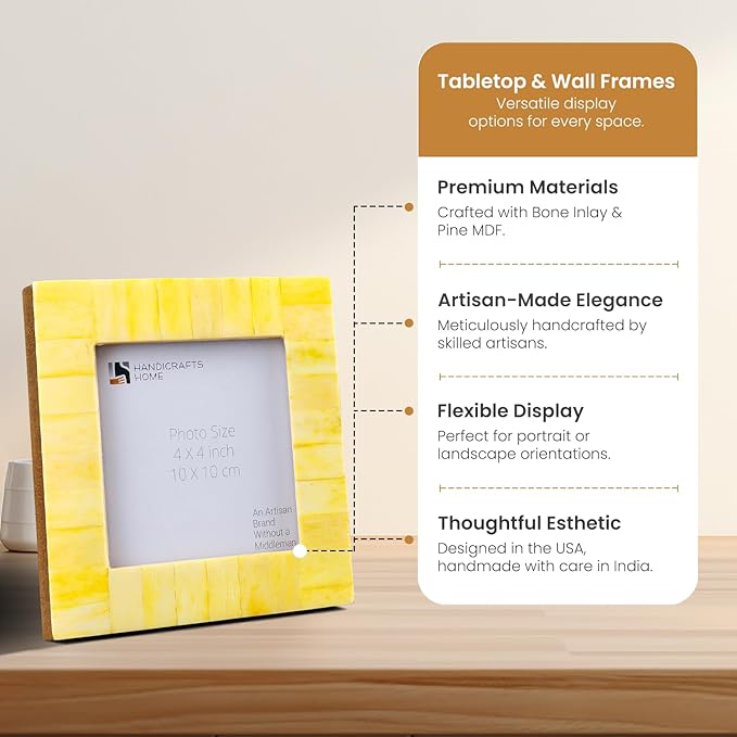 Handicrafts Home Yellow 4x4 Picture Frame for Christmas Decor & Holiday Gifting Handmade Photo Frame, Modern Minimalist Home Decor, Wedding Gift, Vintage Bone inlay Frames for Aesthetic & Living Room