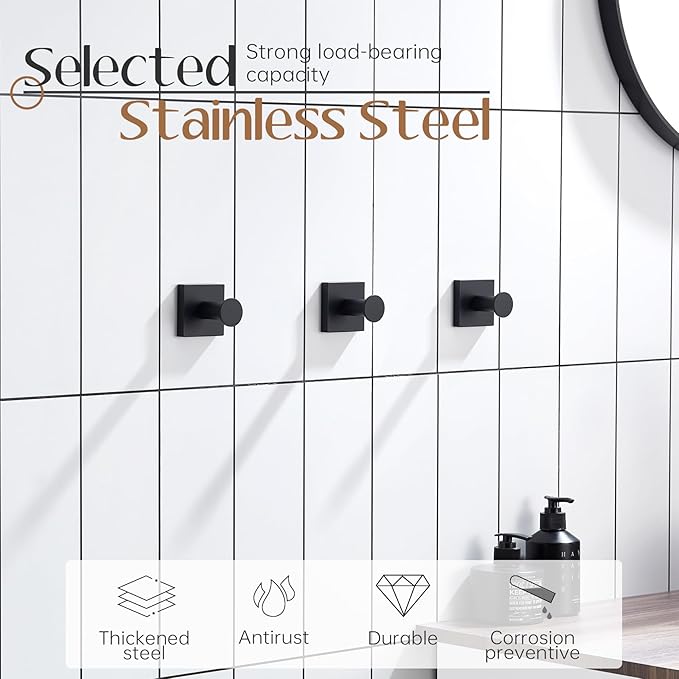 KOKOSIRI Black Hooks for Hanging Bath Towels Bathroom Shower Hook Holder Kitchen Bathroom Accessories Wall Mounted Stainless Steel 3 Pack, B1016BK-P3