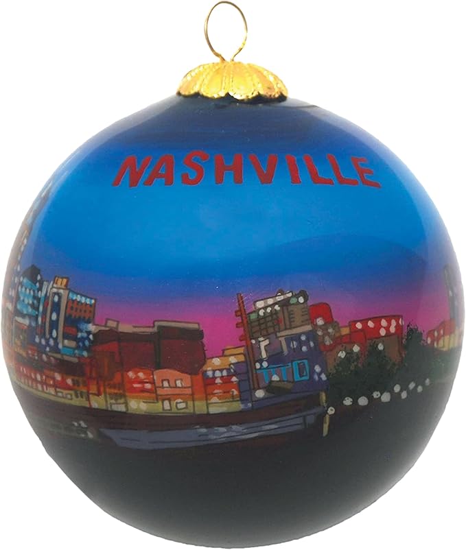 Hand Painted Christmas Ornament, Blown Glass, Hanging Tree Ornament, Holiday Decor, Nashville Tennessee, Skyline Night