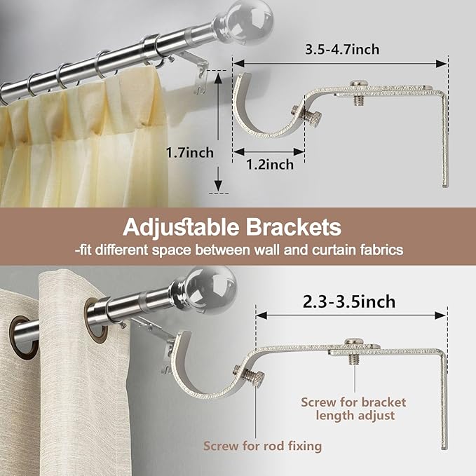 Silver Curtain Rod 66 Inch - 1 Inch Heavy Duty Curtain Rods for Windows - Adjustable Window Rod with Brackets for Bedroom, Living Room, Kitchen, Bathroom