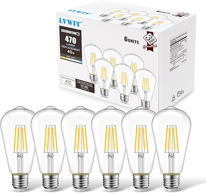 LVWIT ST21 LED Filament Bulb 5W(40 Watt Equivalent) Dimmable 2700K Warm White Vintage Edison Light Bulb E26 Medium Base (6-Pack) (5W-Warm White)