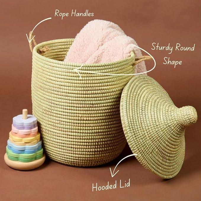 Small Natural Beige Decorative Woven Wicker Basket Hamper - Organize Laundry, Toys, Blankets, Pillows, Clothes, Towels - Storage Bins for Home, Baby Nursery, Living Room, Bedroom, Bathroom