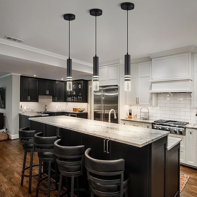 Pendant Lights Kitchen Island, Crystal Pendant Light Fixtures Mini 6W LED Modern Kitchen Pendant Lighting Over Sink and Living Room and Bedroom (Black 1-Pack)