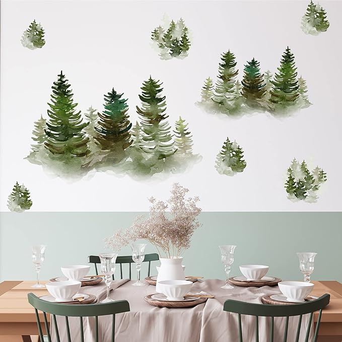Watercolor Pine Tree Wall Decals Peel and Stick Large Tree Wall Sticker Trees Branches Wall Decal Forest Trees Wall Stickers for Living Room Bedroom Woodland Nursery Decor