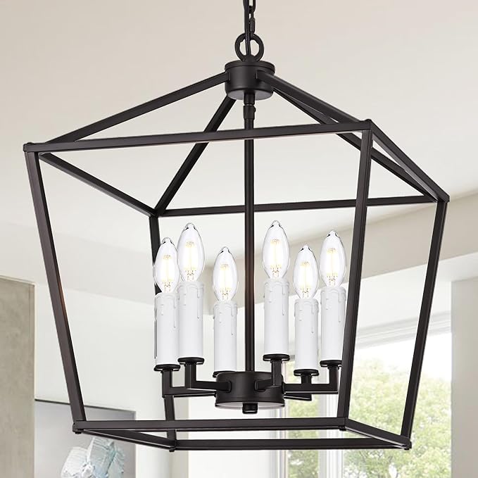 MELUCEE Vintage Lantern Pendant Light 6 Light Industrial Cage Chandelier with E12 White Candle-shaped Base Oil Rubbed Bronze Rustic Geometric Hanging Light Fixture for Kitchen Island Foyer Dining Room