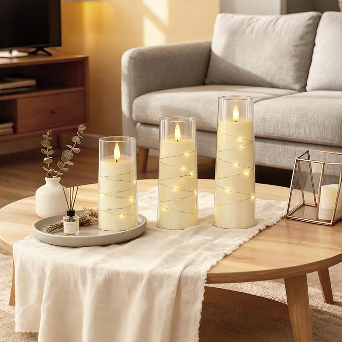 Raycare Flameless Candle with Remote Timer, 3 Flickering Acrylic Battery Operated LED Pillar Candles with Embedded Star String for Christmas, Home Decor, and as a Gift(Ivory)