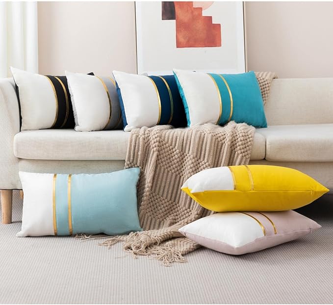 ZLINA Set of 2 Velvet Decorative Lumbar Pillow Covers Lake Blue White Patchwork with Gold Leather Pillow Covers 12 × 20 Inch Cushion Covers Decor Living Room Sofa Bedroom Car