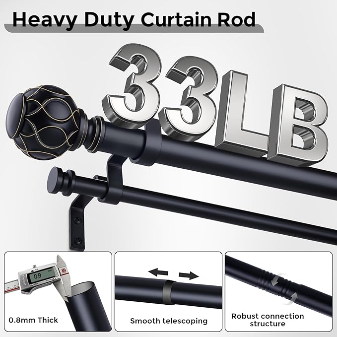 Black Double Curtain Rod, 72 to 144 Inch Extra Long Dual Curtain Rods with Boho Netted Texture Finial, Decorative 1 Inch Adjustable Window Treatment Rod, Antique Vintage Farmhouse Double Drapery Pole
