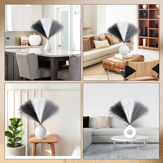 Faux Pampas Grass Decor 17.7 Inch 6pcs, Artificial Pampas Grass Fluffy Home Decor, Short Vase Room Decor pompous Grass Flower Arrangement for Boho Home Wedding Decoration (Black,White,Grey)