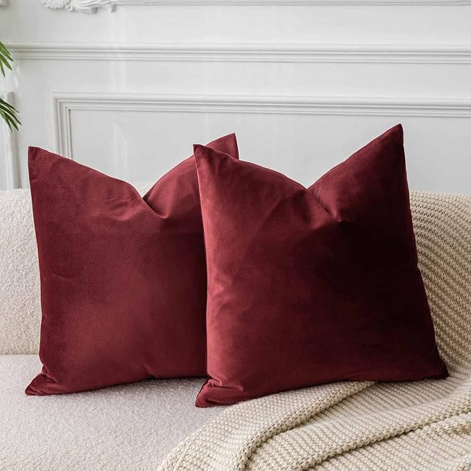 JUSPURBET Couch Pillow Covers Set of 2 Decorative Velvet Throw Pillow Covers Cases for Living Room Bedroom Home Decor Soft Cushion Covers Cases with Hidden Zipper for Sofa Bed 16x16 inch,Burgundy